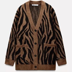 Zara Brown and Black Men's Cardigan Sweater